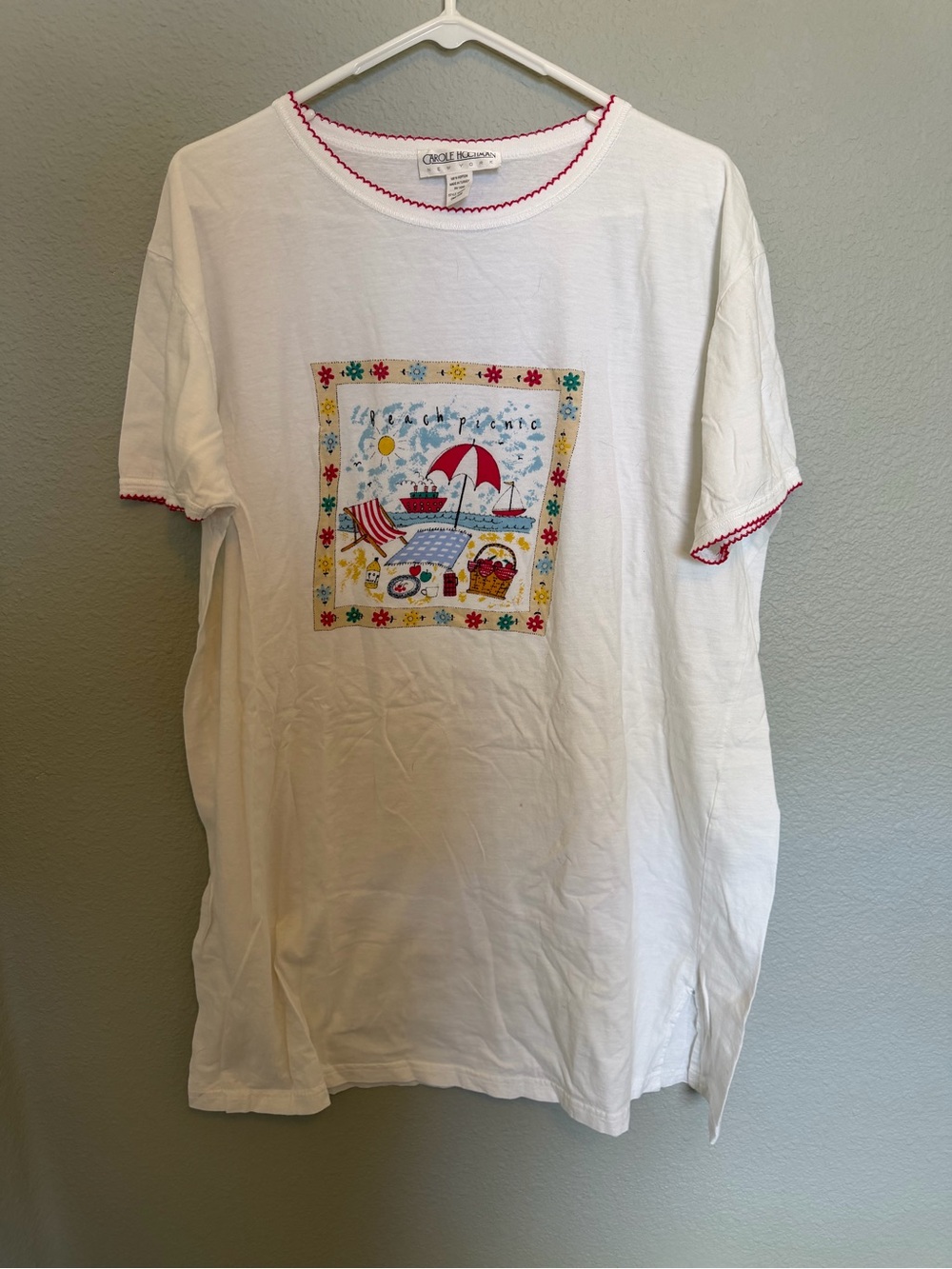 Carole Hochman Vintage White Tunic Tee/Dress with Red Trim and Beach Graphic